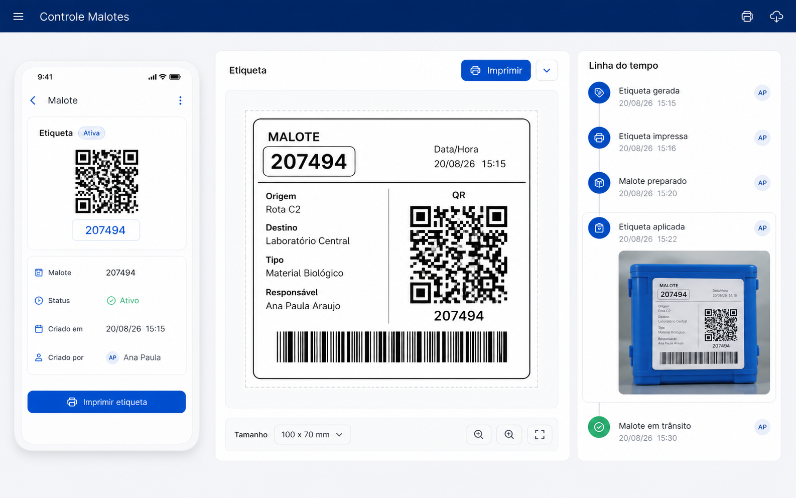 Etiqueta de malote gerada no aplicativo, com código legível e QR, pronta para impressão